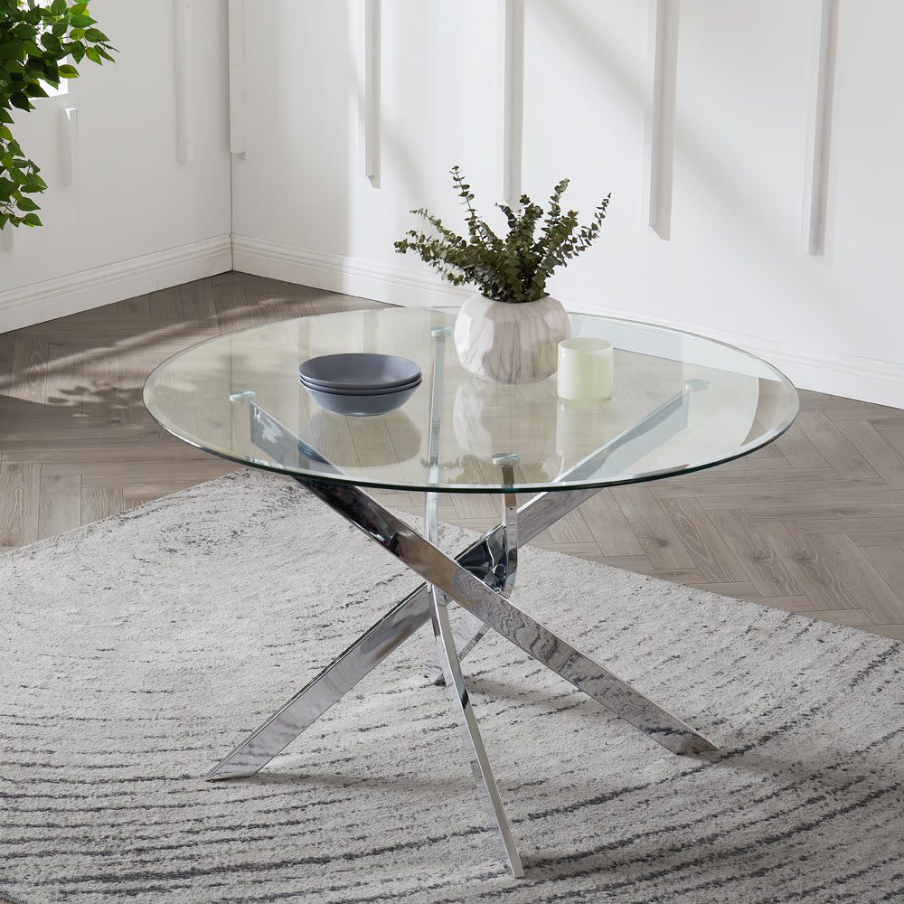 Lavina 6 Seater Round Glass Dining Table, Silver Legs