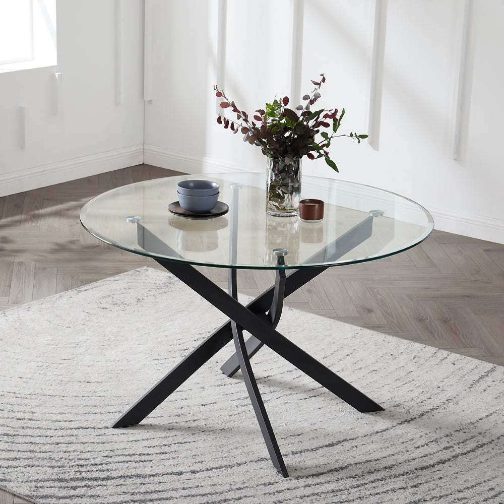Lavina 4 Seater Round Glass Dining Table, Black Legs