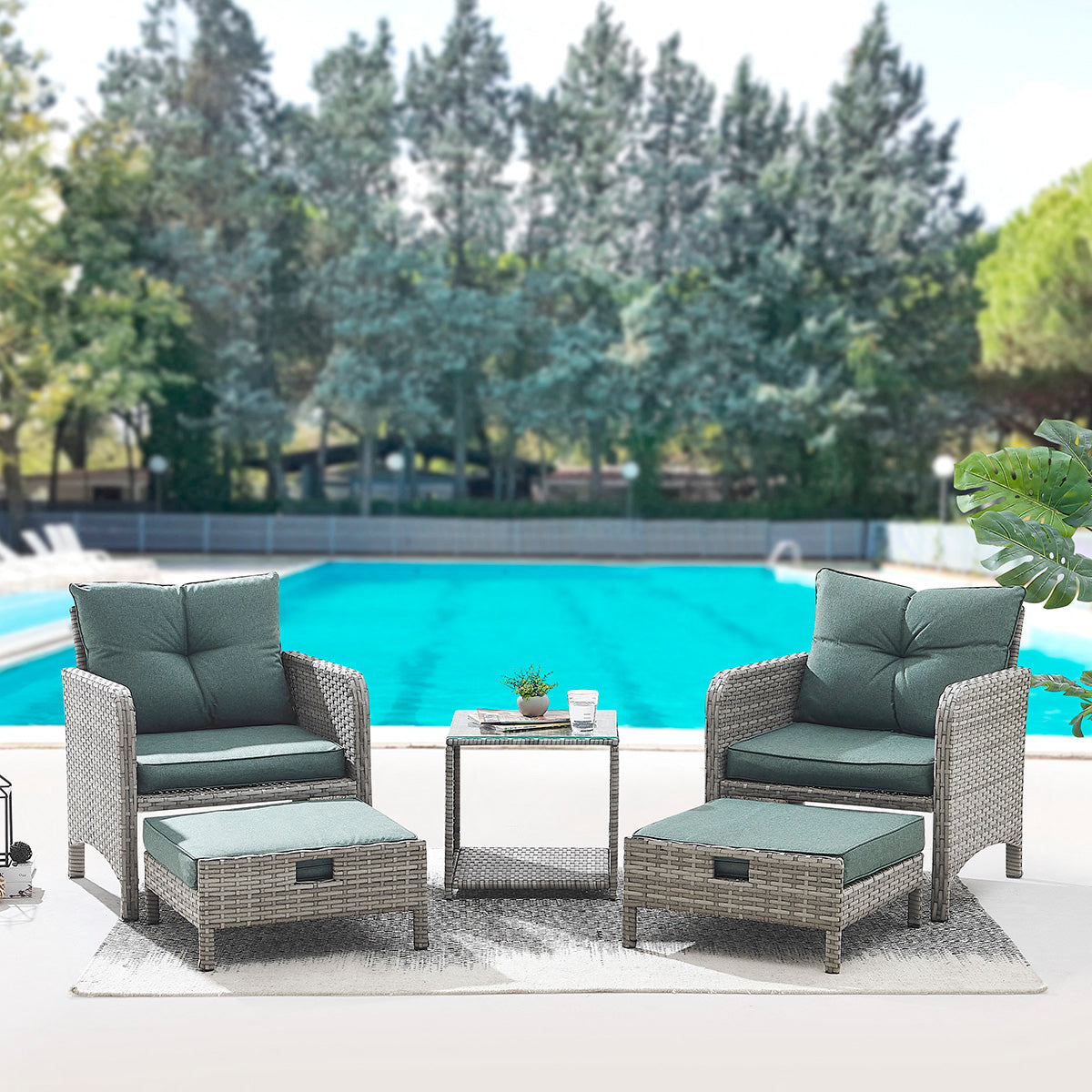 Grenada 5 Piece Garden Armchair Set with Green Cushions and Covers - Grey