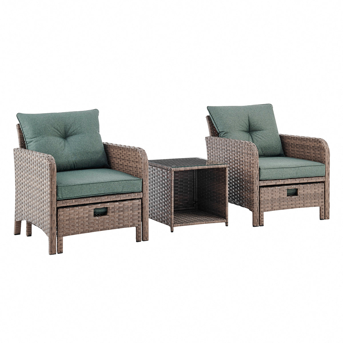 Grenada 5 Piece Garden Armchair Set with Green Cushions and Covers - Brown
