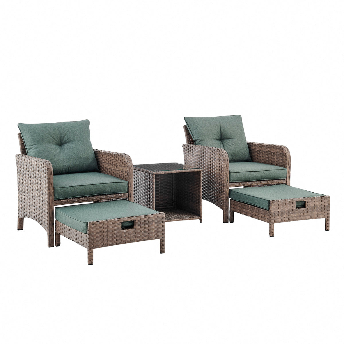 Grenada 5 Piece Garden Armchair Set with Green Cushions and Covers - Brown