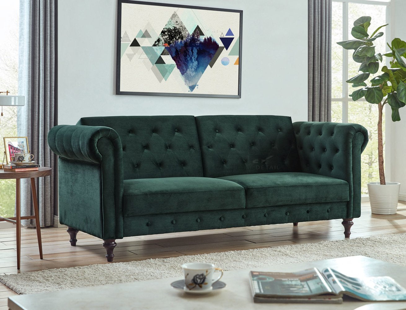 Velvet Sofa Bed Chesterfield Style 3 Seater Sofa Button Design, Dark Green