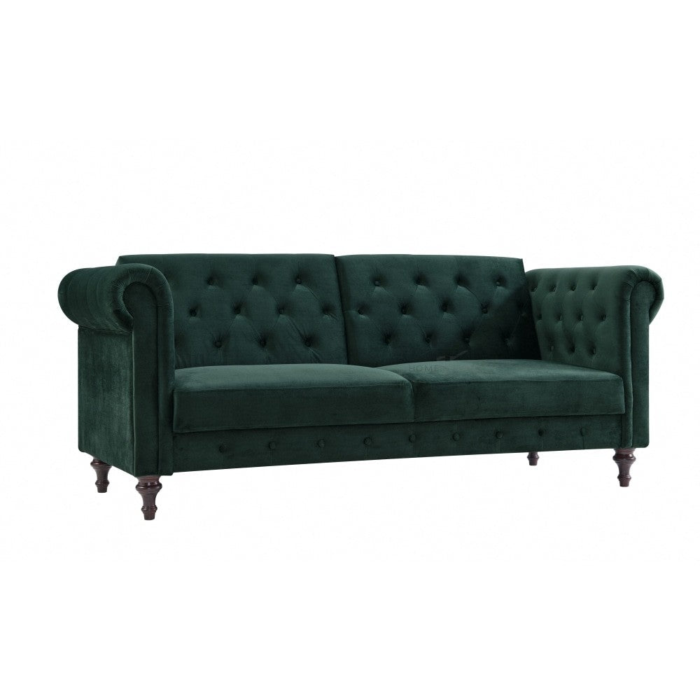 Velvet Sofa Bed Chesterfield Style 3 Seater Sofa Button Design, Dark Green
