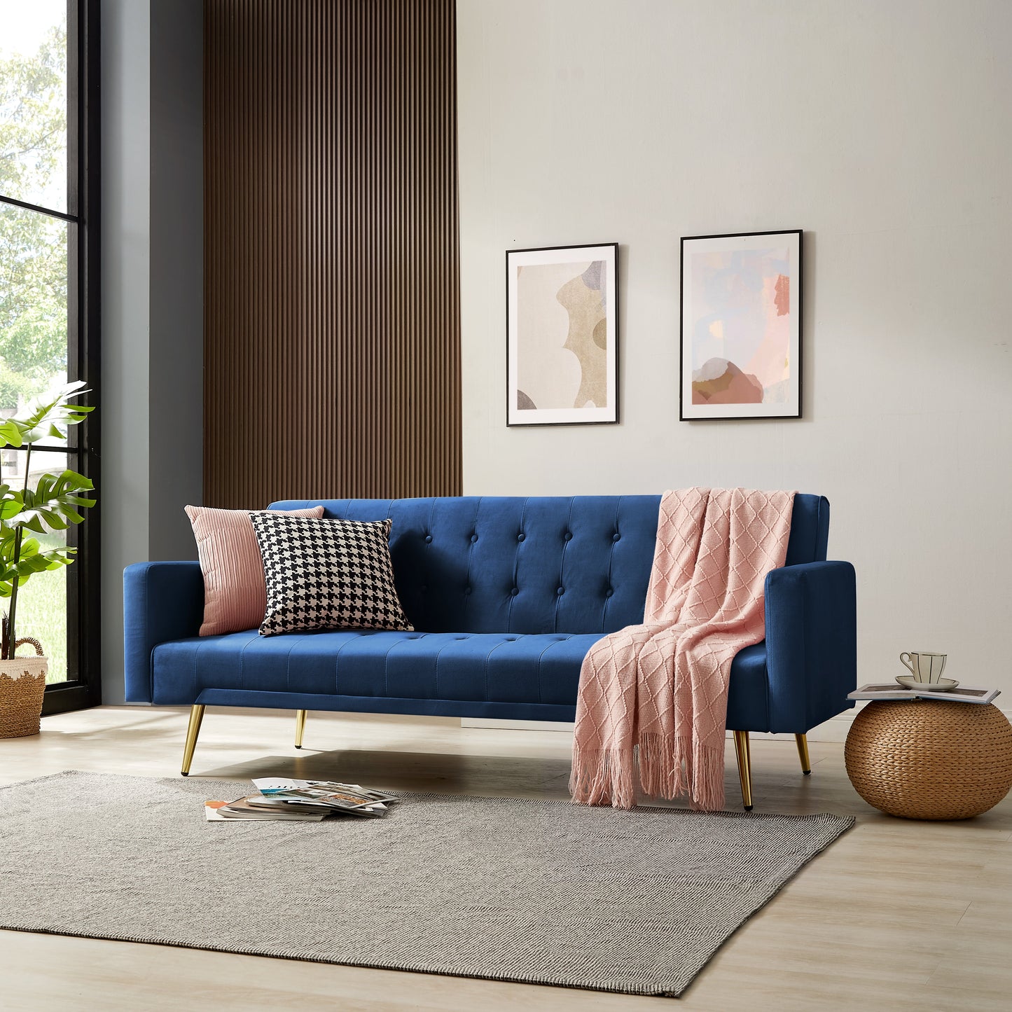Windsor V2 Blue Velvet Sofabed with Golden Metal Legs