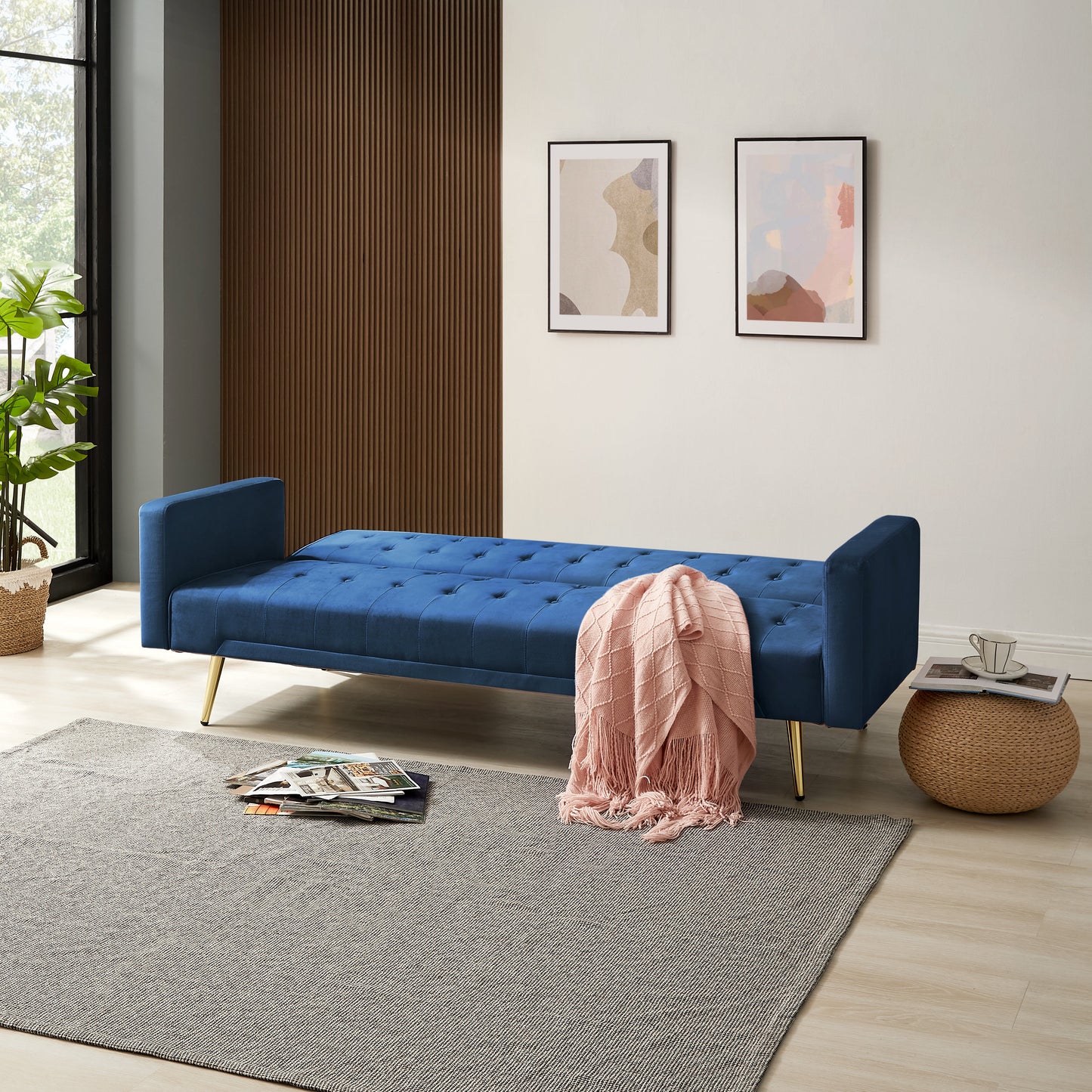Windsor V2 Blue Velvet Sofabed with Golden Metal Legs