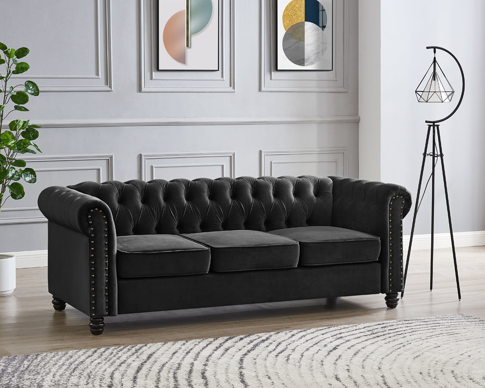 Harper Chesterfield Studded Black Velvet 3 Seater Sofa