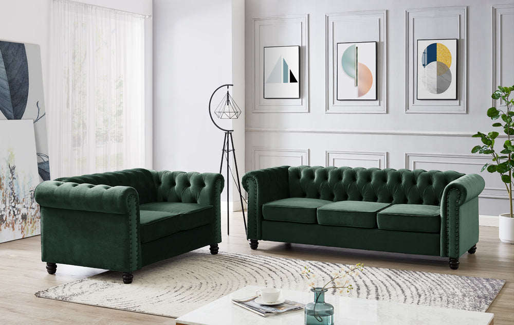 Harper Chesterfield Studded Green Velvet 3 Seater Sofa