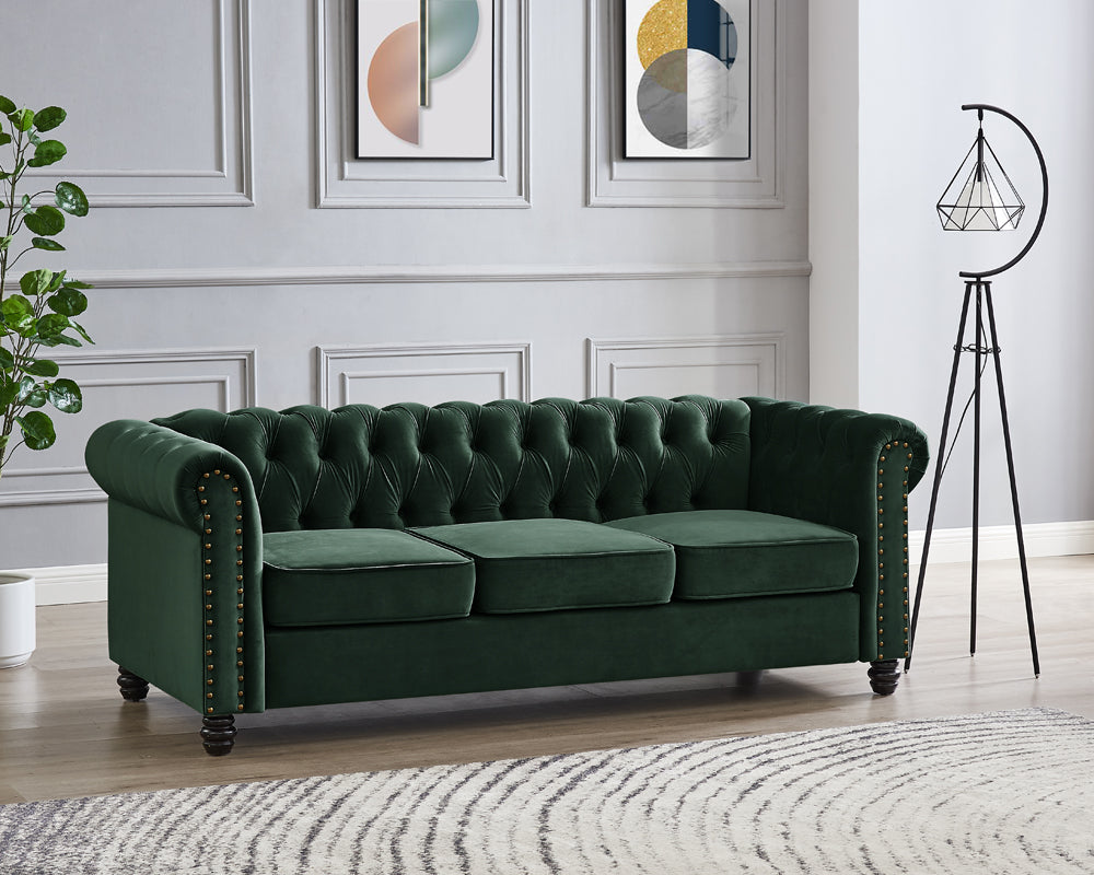 Harper Chesterfield Studded Green Velvet 3 Seater Sofa
