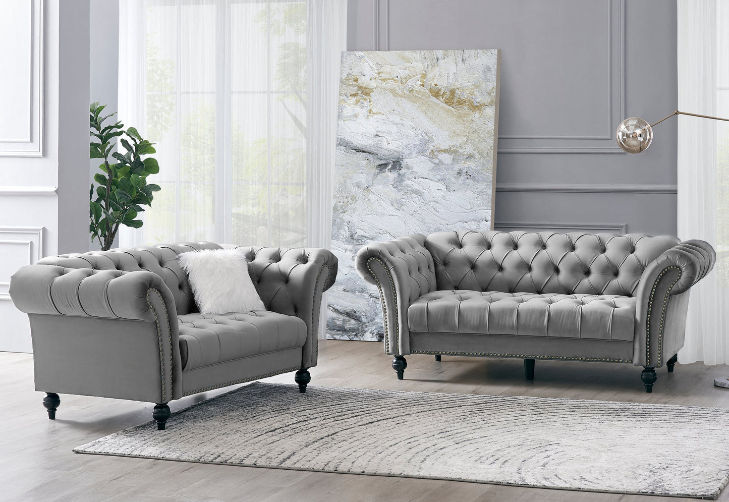 Emma Grey Velvet Curved Sofa 3+2 Fabric Sofa