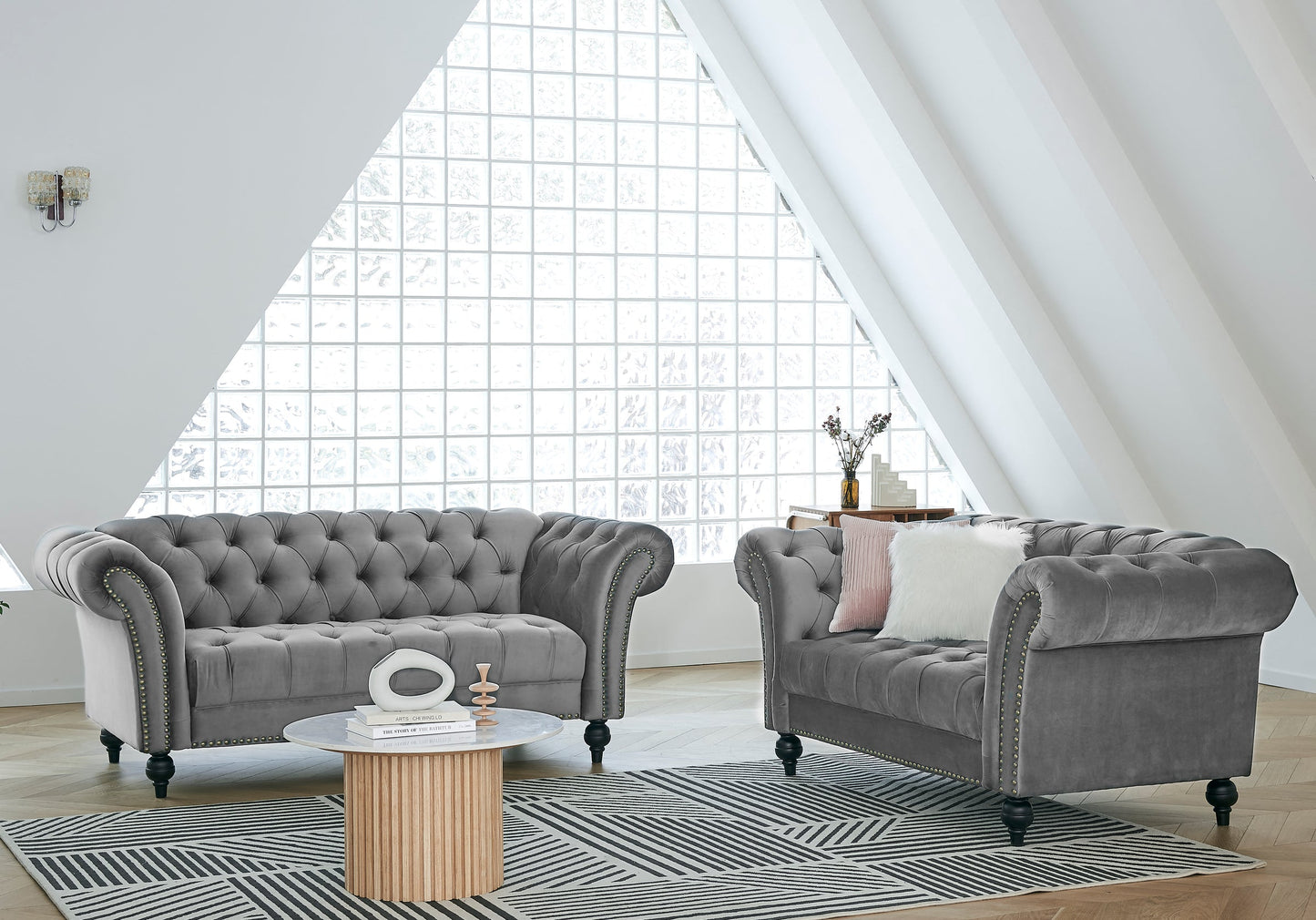 Emma Grey Velvet Curved Sofa 3+2 Fabric Sofa
