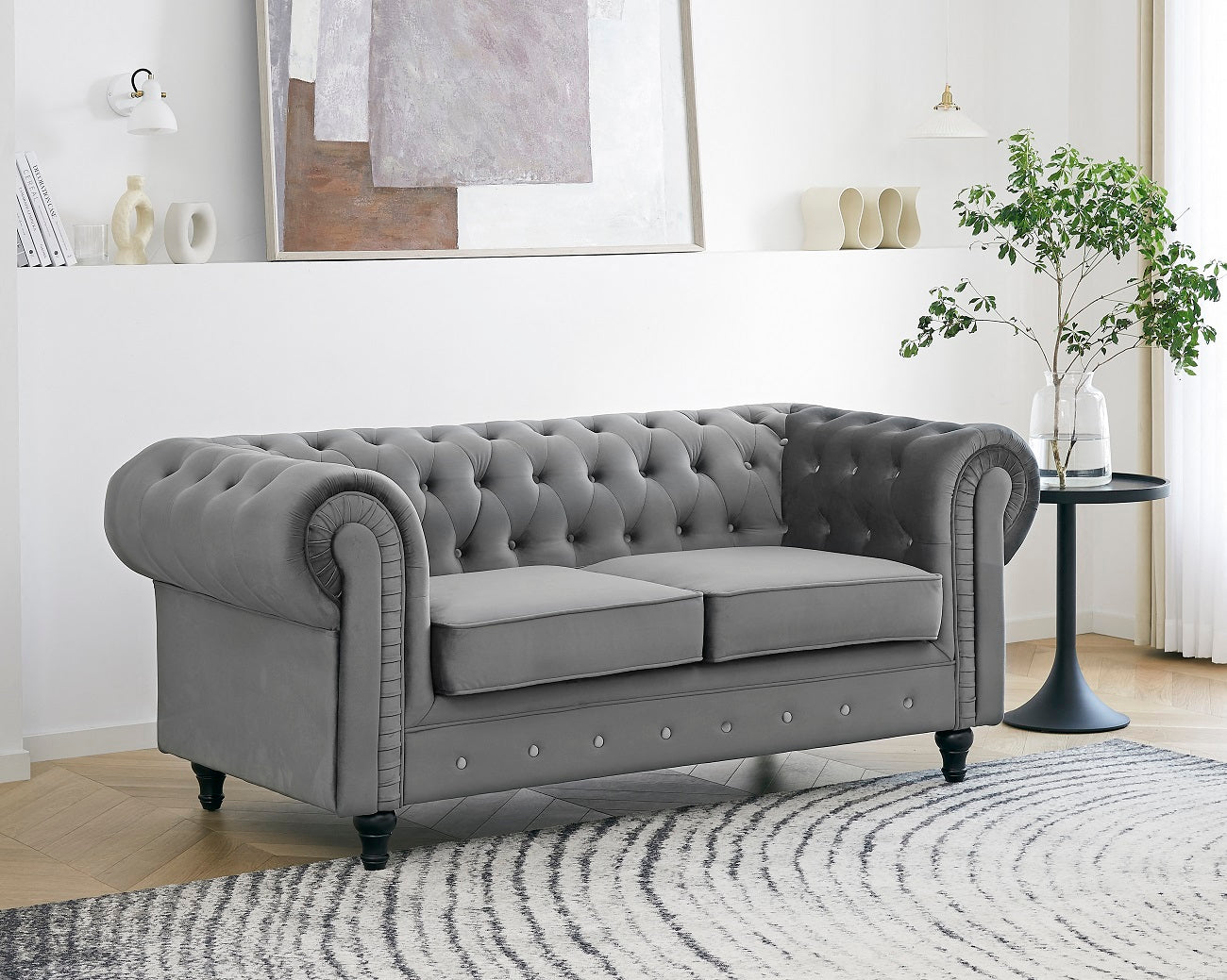 Chesterfield Velvet Fabric 2 Seater Sofa, Grey