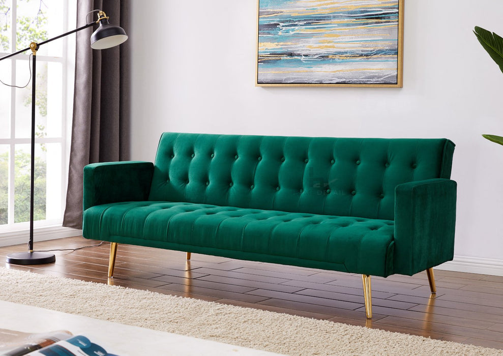 Salisbury 3 Seater Sofa Bed Luxury Velvet- Green Velvet with Gold Metal Legs