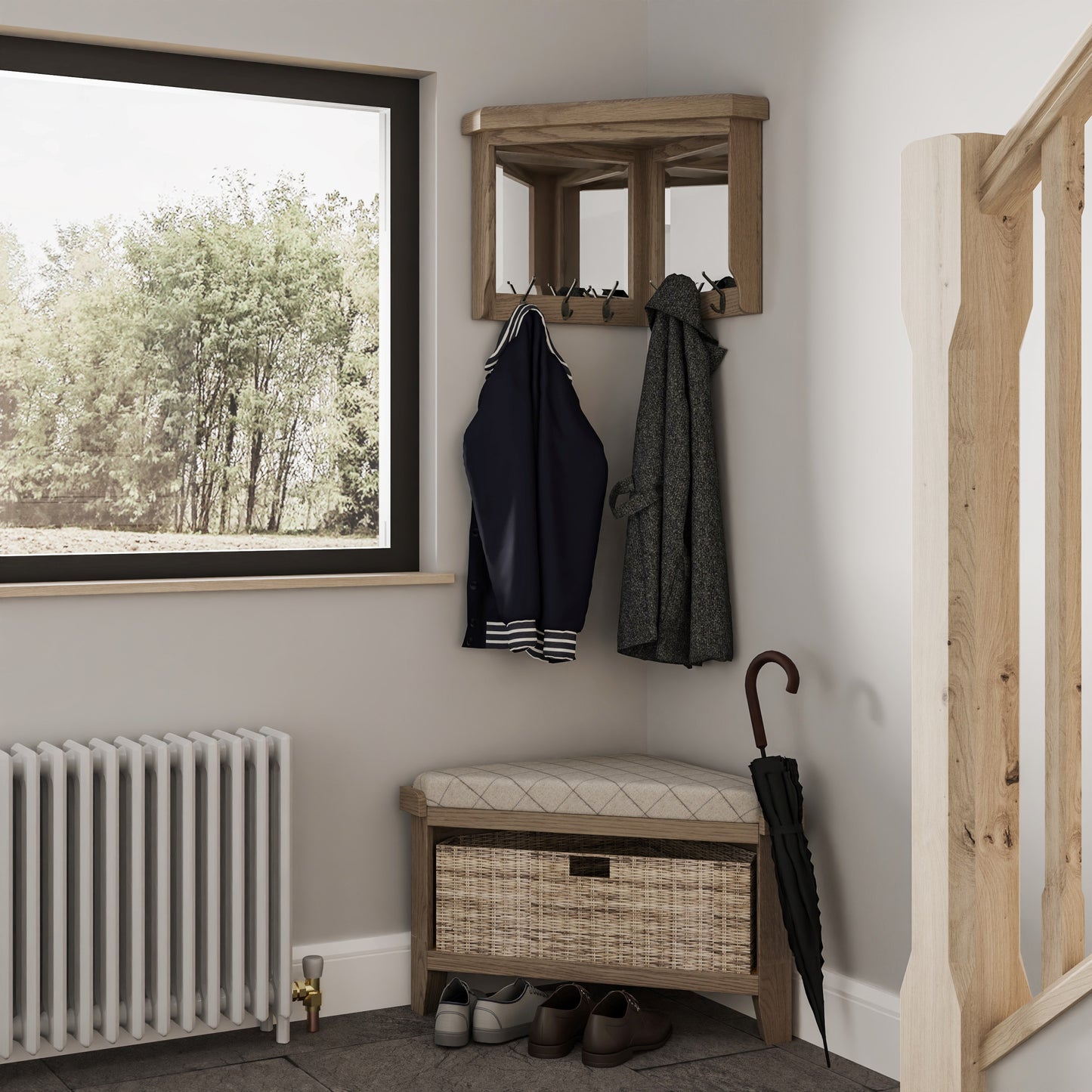 Helios Smoked Oak Corner Coat Rack with Mirror