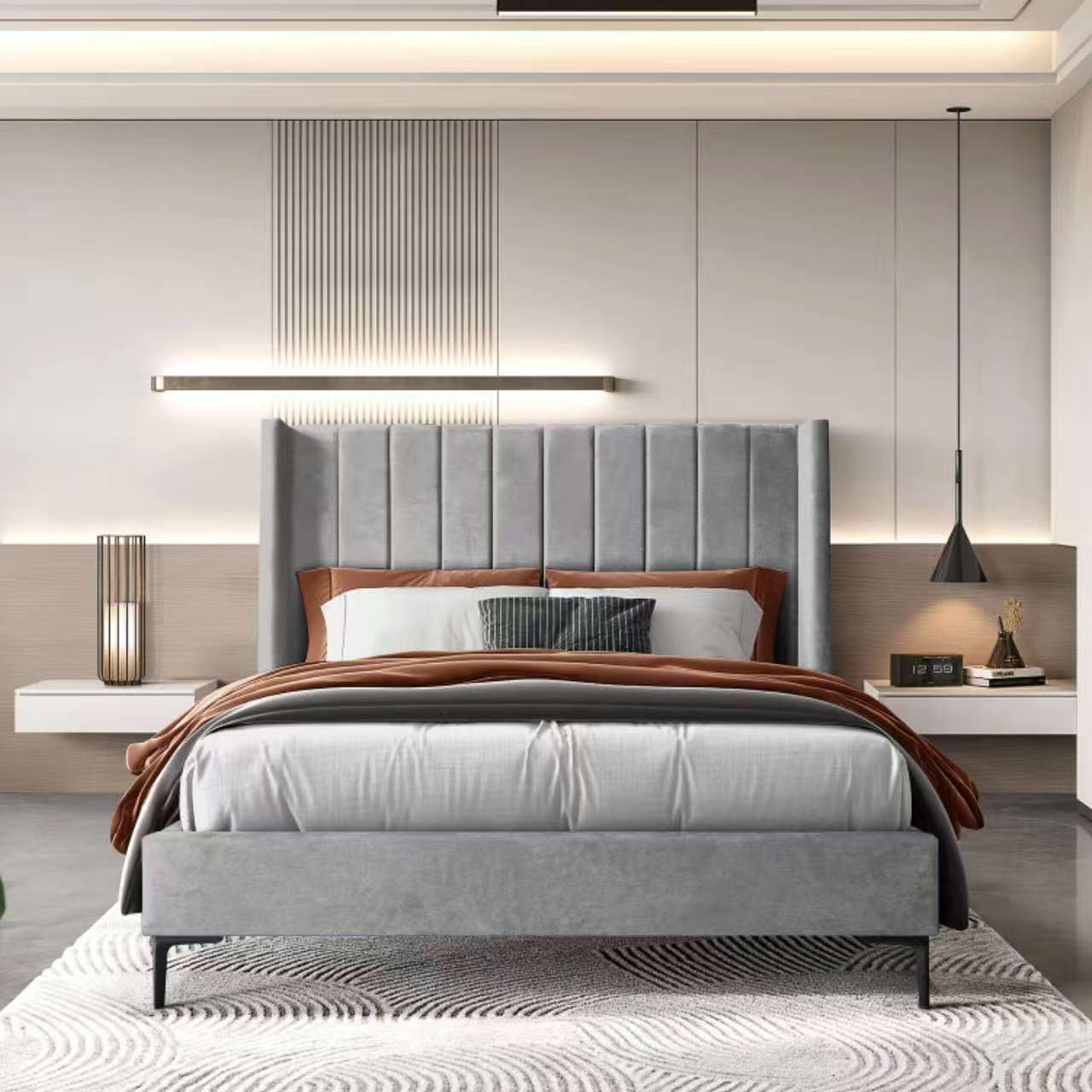 Anapolis 4'6 Double Bed, Grey Fabric, with black legs