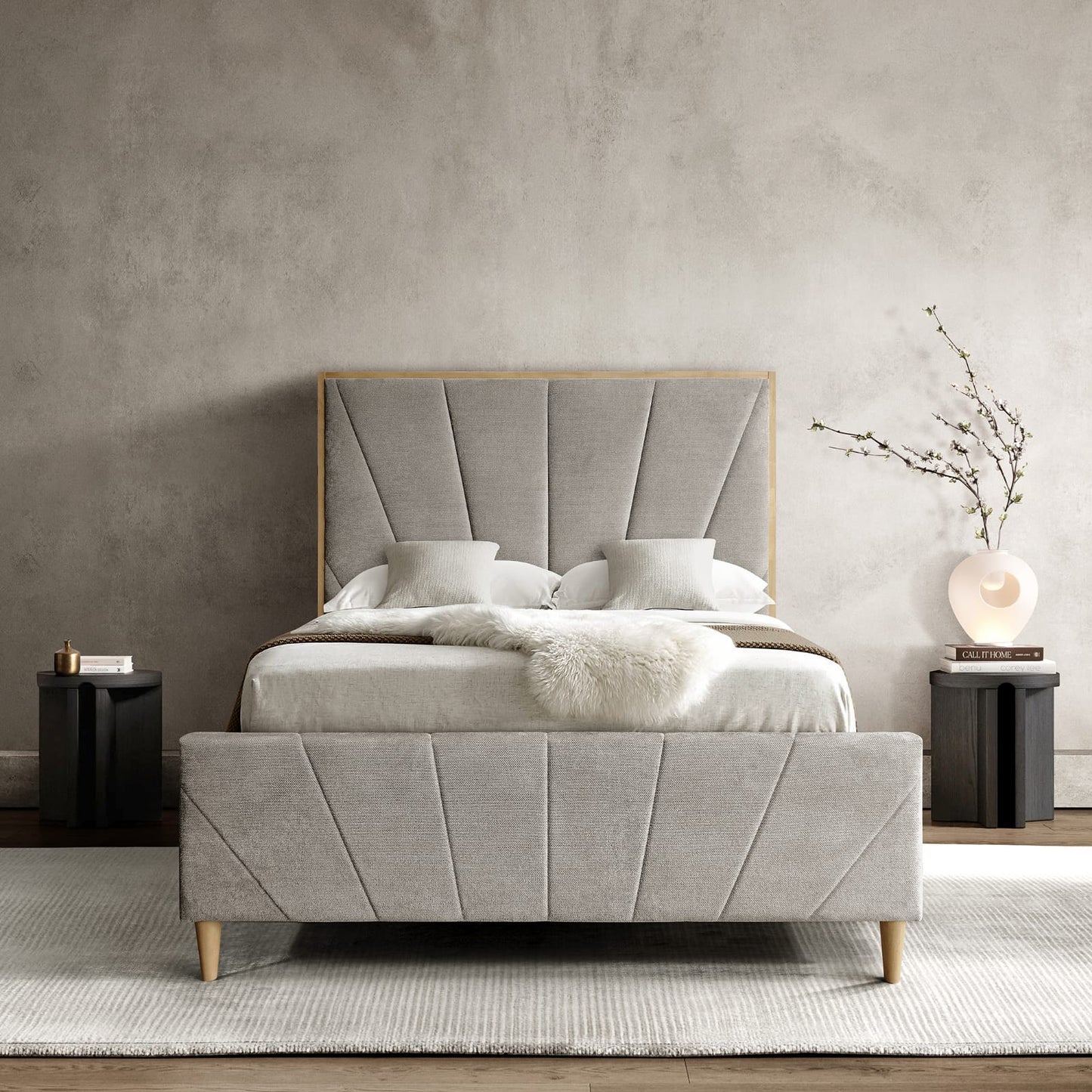 Bronx 5'0 King Size Bed with wooden feet- Taupe Fabric