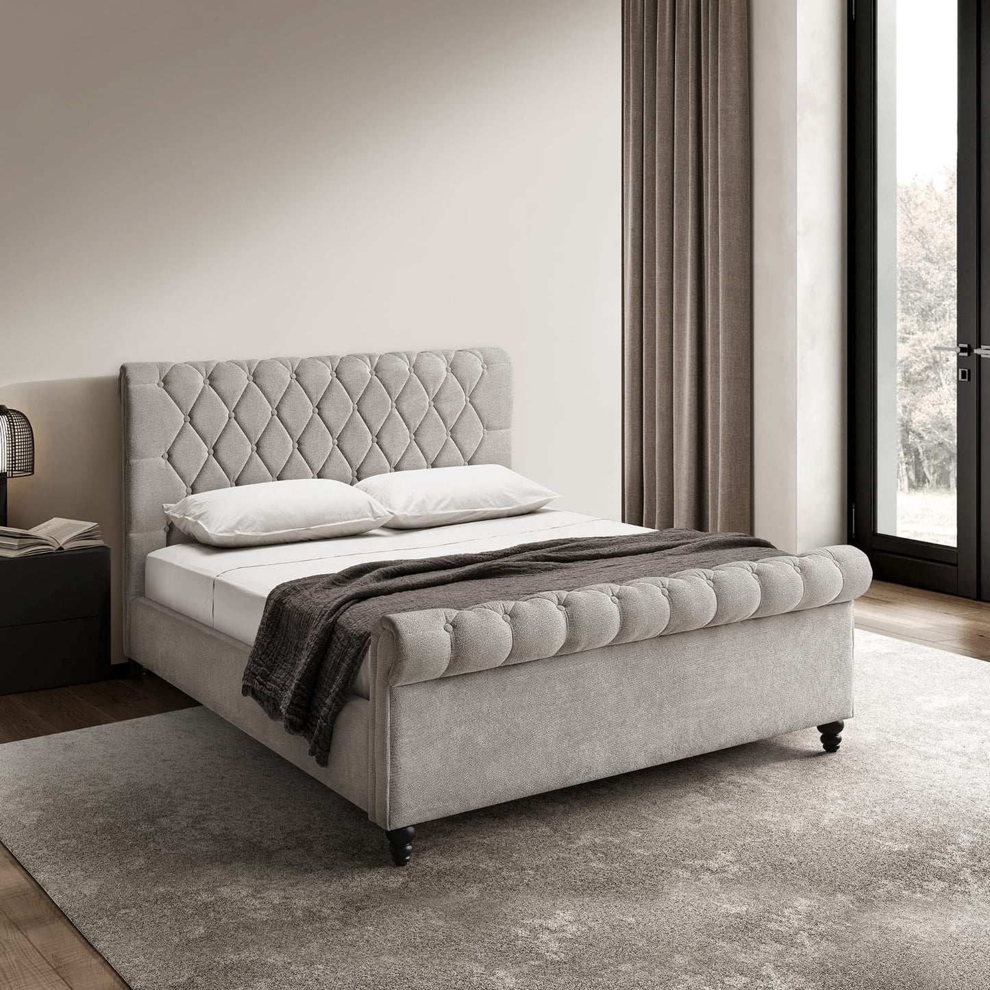Chesterfield 4'6 Double Bed - Grey Fabric