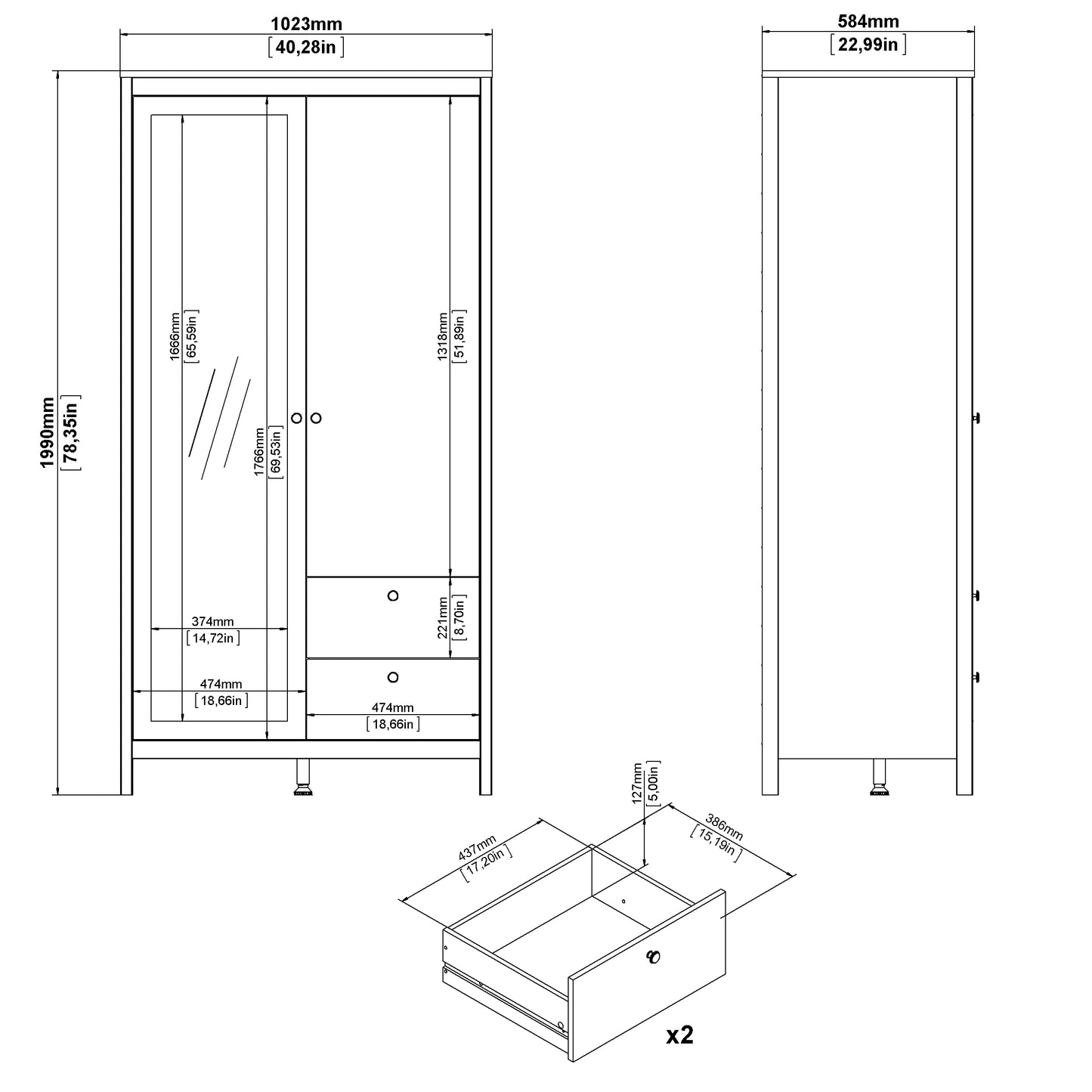 Madrid Wardrobe with 1 Plain door 1 mirror door and 2 drawers - White