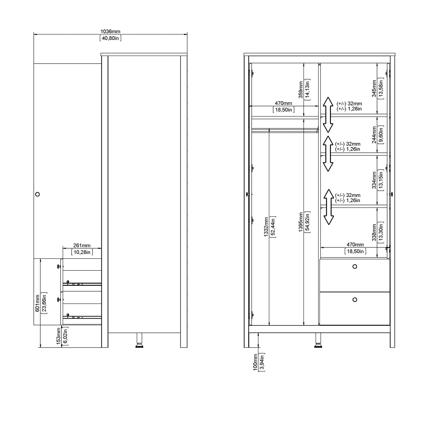 Madrid Wardrobe with 1 Plain door 1 mirror door and 2 drawers - White