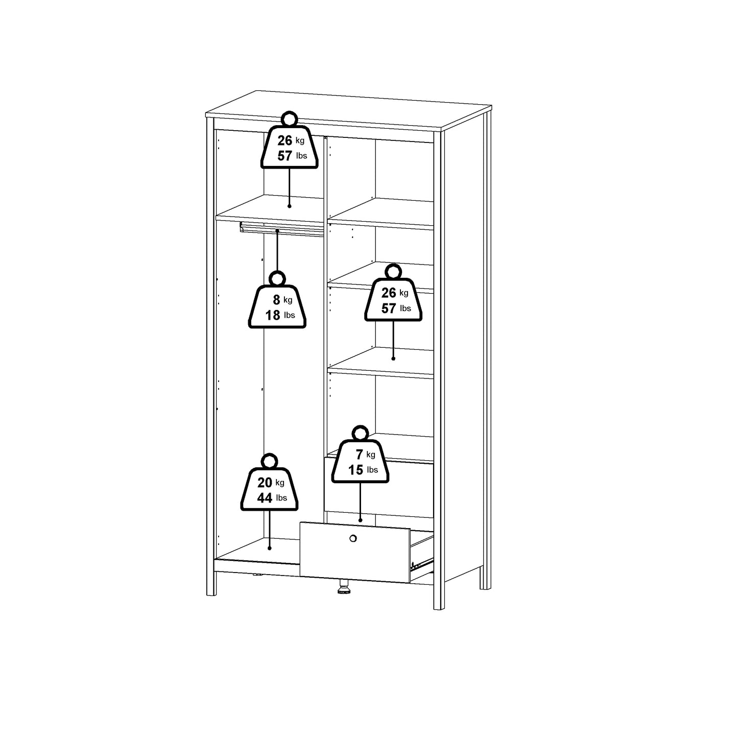Madrid Wardrobe with 1 Plain door 1 mirror door and 2 drawers - Black