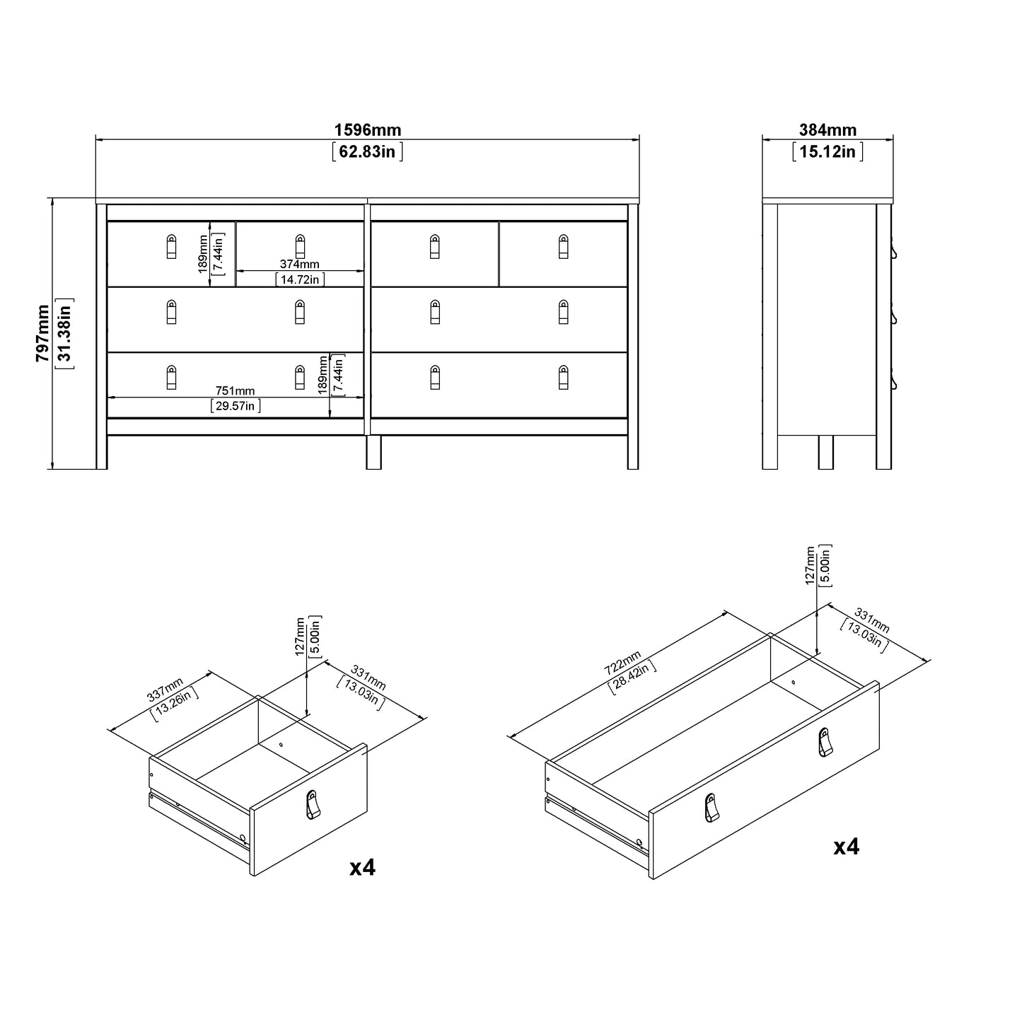 Madrid Double Dresser 4+4 Drawers - White