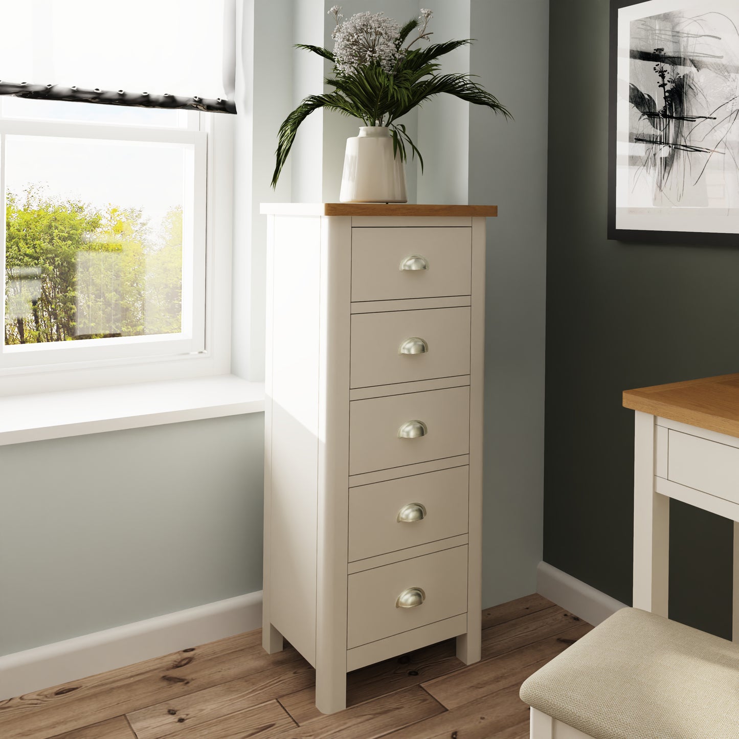 Rhea Dove Grey 5 Drawer Narrow Chest of Drawers