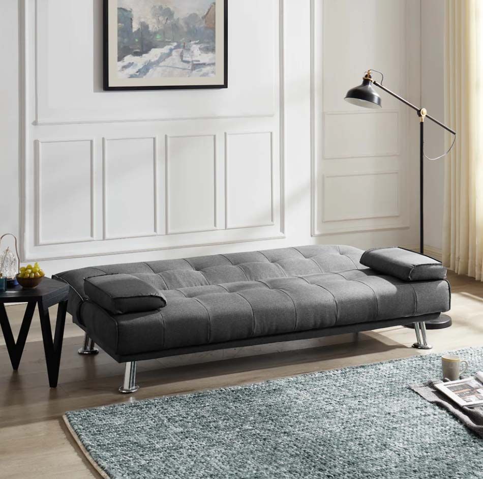 Helena 3 Seater Fabric Sofa Bed - Grey with chrome legs