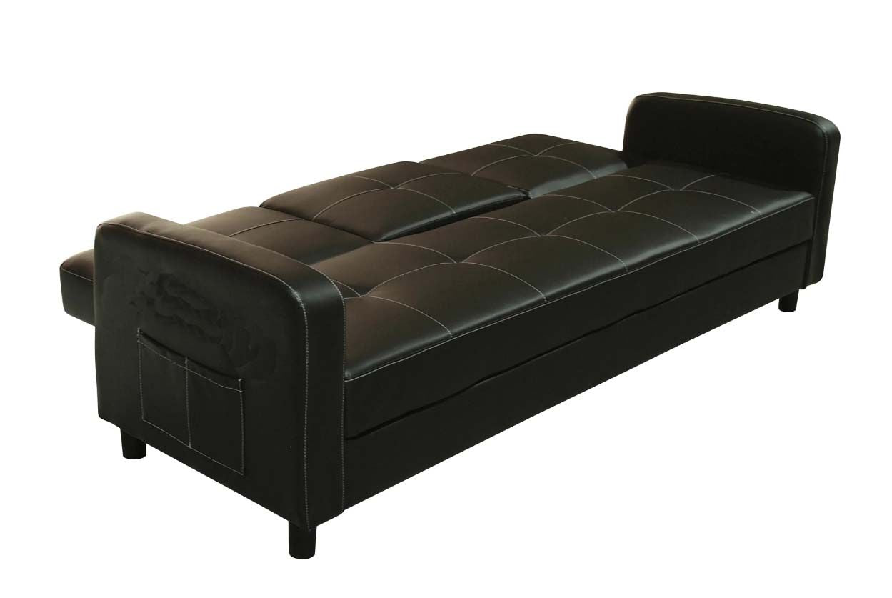 Florida 3 Seater Faux Leather Sofa Bed Modern Design with Magazine Pocket Cup Holder - Black