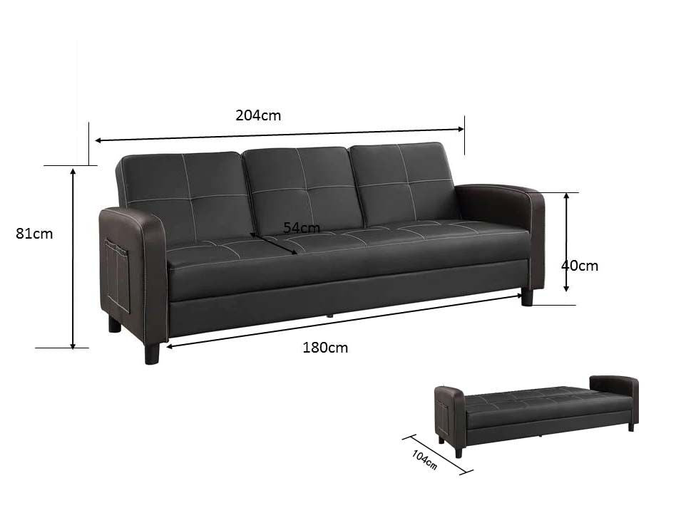 Florida 3 Seater Faux Leather Sofa Bed Modern Design with Magazine Pocket Cup Holder - Black