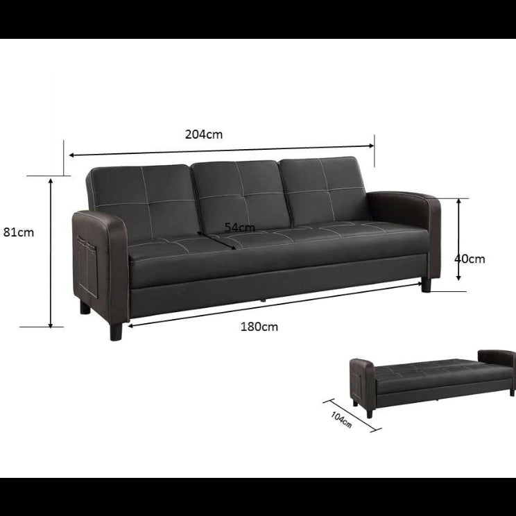 Florida 3 Seater Faux Leather Sofa Bed Modern Design with Magazine Pocket Cup Holder - Black