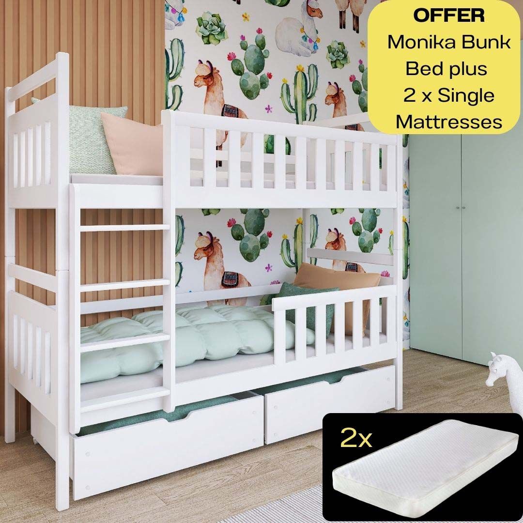 Monika Bunk Bed with Storage - White Matt with 2 Mattresses