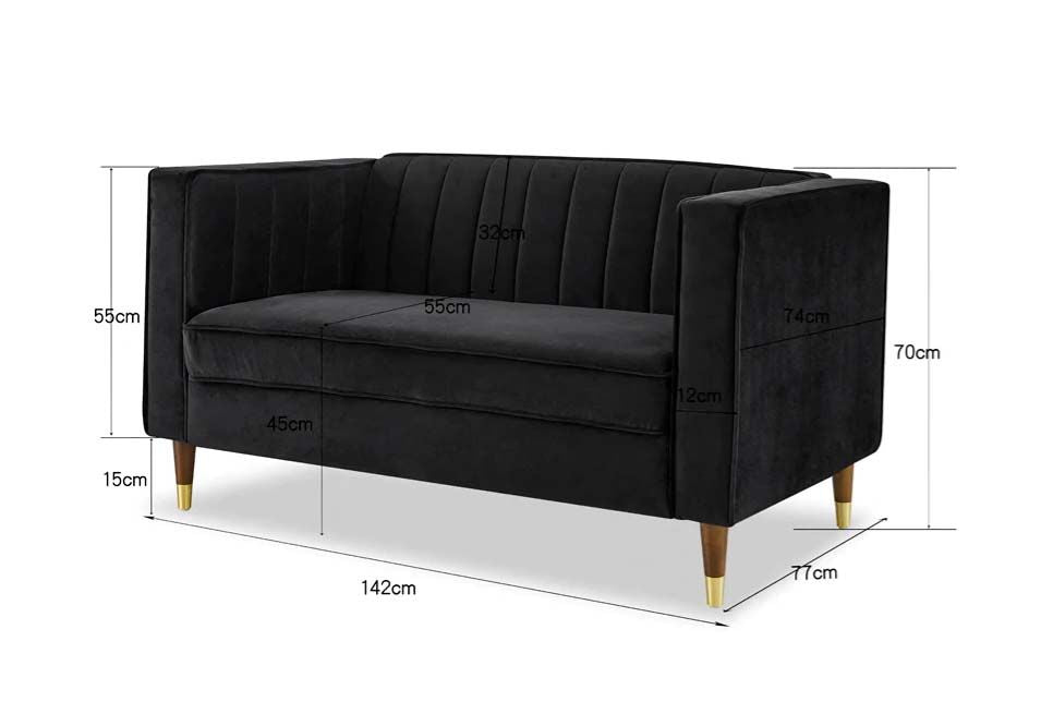 Griffen 2 Seater Fabric Sofa - Black Velvet