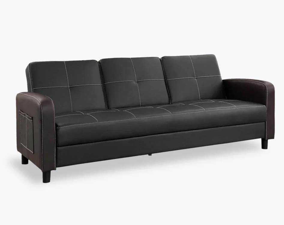 Florida 3 Seater Faux Leather Sofa Bed Modern Design with Magazine Pocket Cup Holder - Black