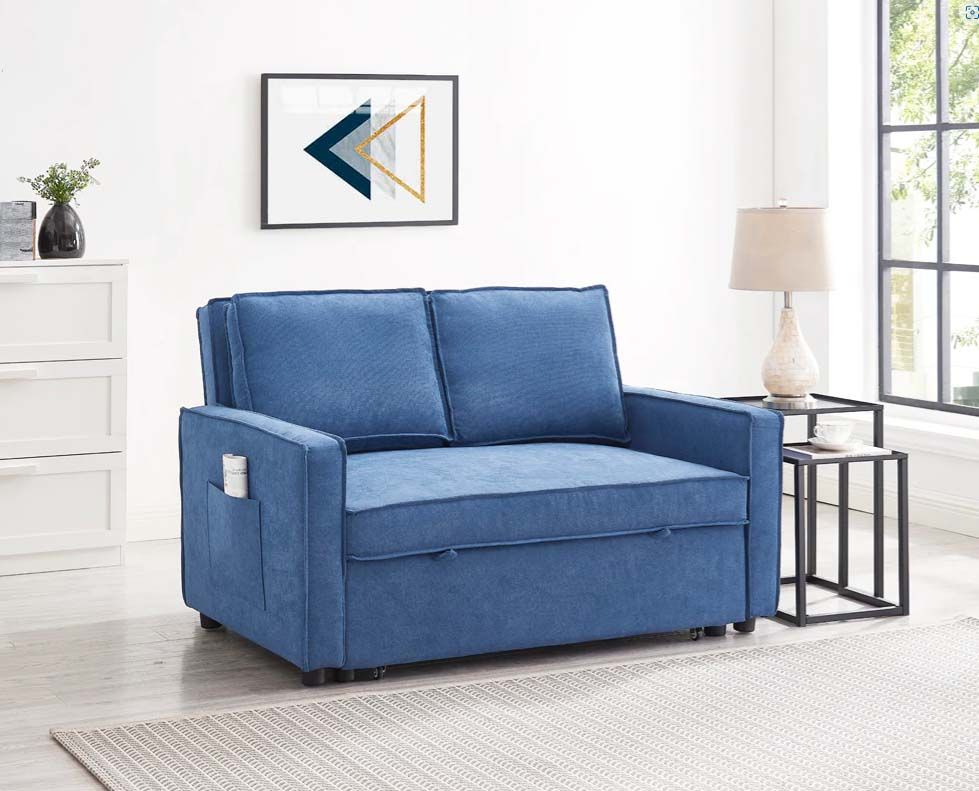 Sandhurst 2 Seater Pull Out Sofa Bed Linen Fabric- Blue