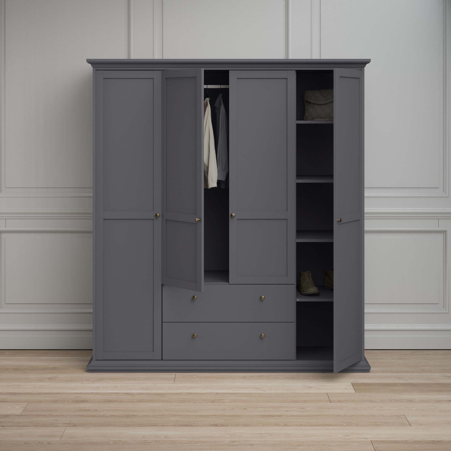 Paris Wardrobe with 4 Doors 2 Drawers - Grey