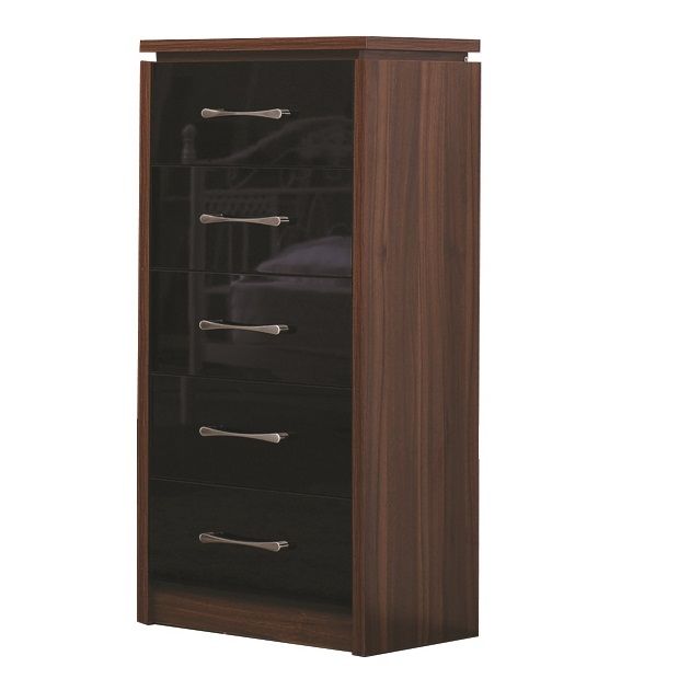 Karl 5 Drawer Chest - Black Gloss/ Walnut