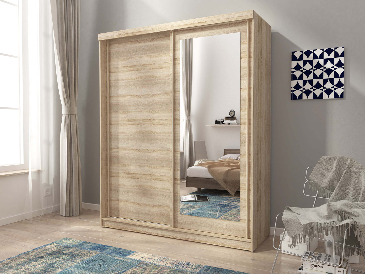 Nord 200cm 2Door Sliding Wardrobe with 1 Mirrored Door - Oak