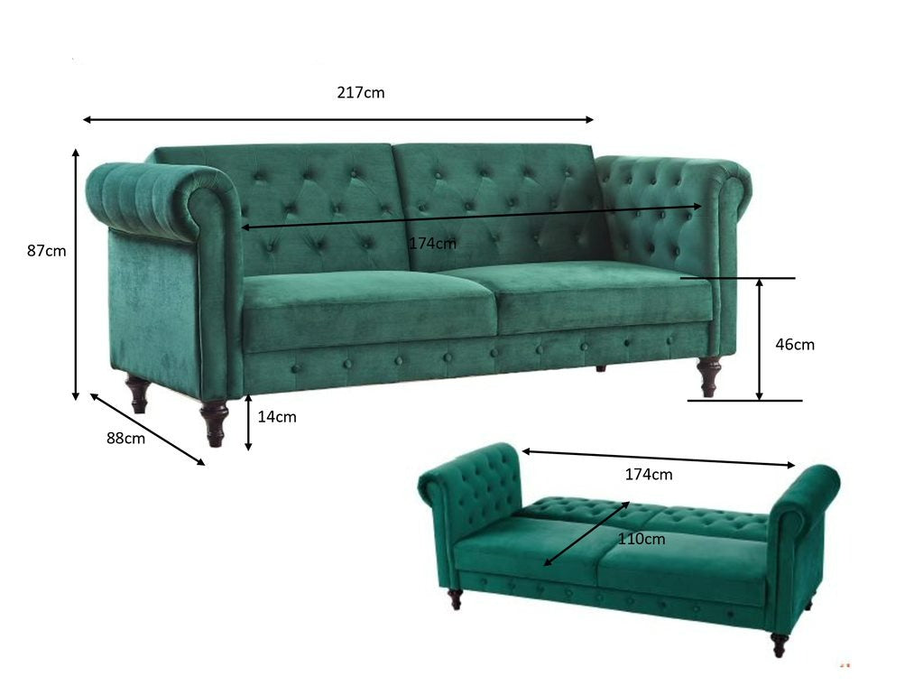 Velvet Sofa Bed Chesterfield Style 3 Seater Sofa Button Design, Dark Green