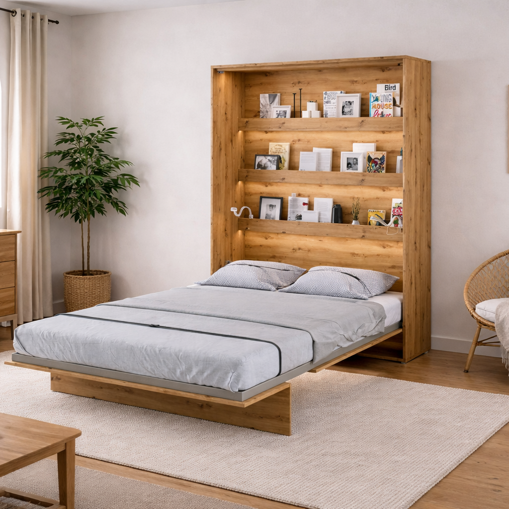 Wooden Murphy bed in a room with a chair, table, and decor items.