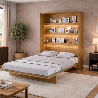 Modern bedroom with wooden bed, shelves, and decor