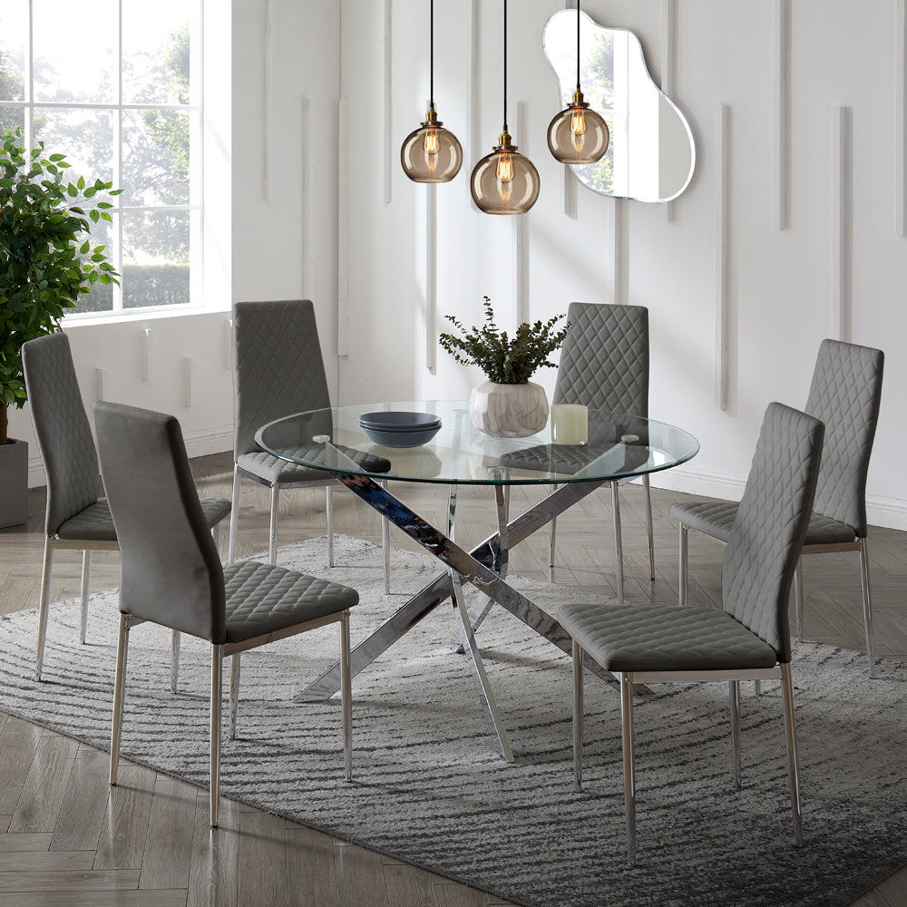 Sarah Faux Leather Dining Chair Set of 6, Grey with Silver Legs