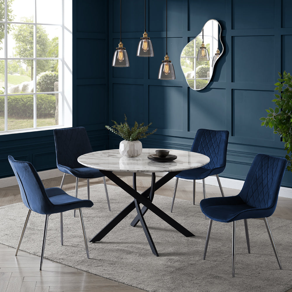 Alma Velvet Dining Chair Set of 2, Blue with Silver Legs