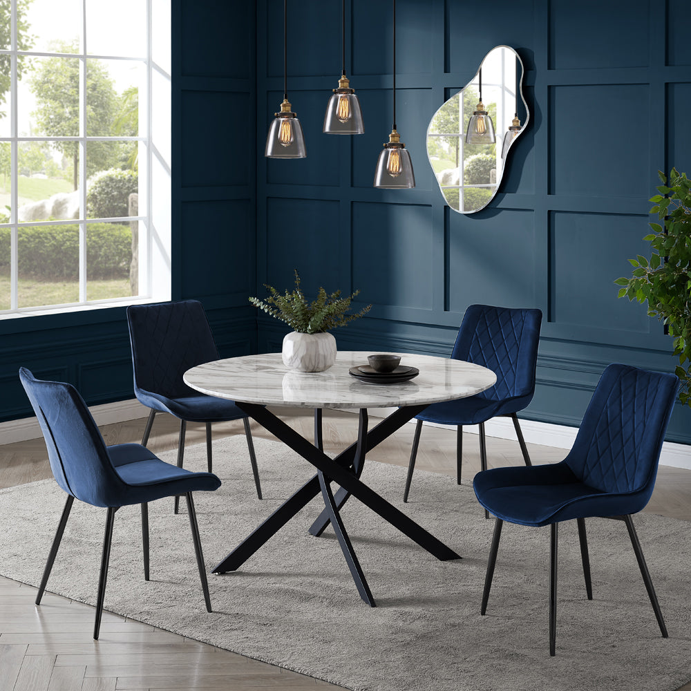 Alma Velvet Dining Chair Set of 2, Blue with Black Legs