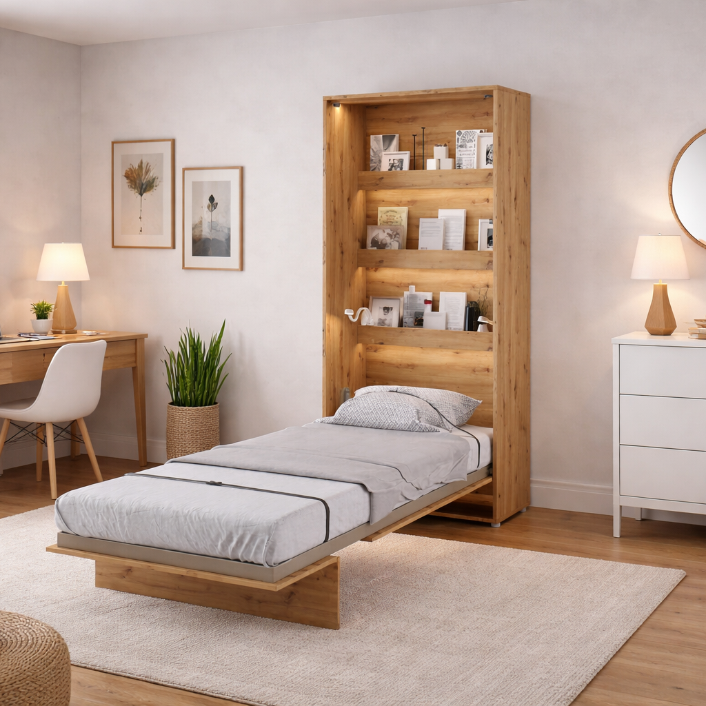 Modern bedroom with wooden bed, desk, and shelves.
