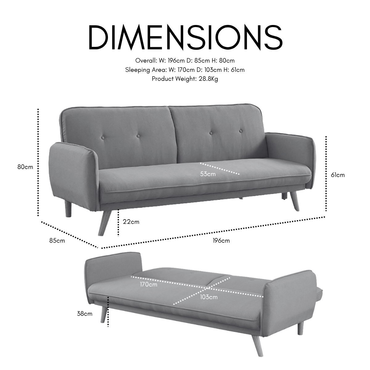 Brookhaven Fabric Sofa Bed With Natural Wooden Legs, Charcoal Fabric