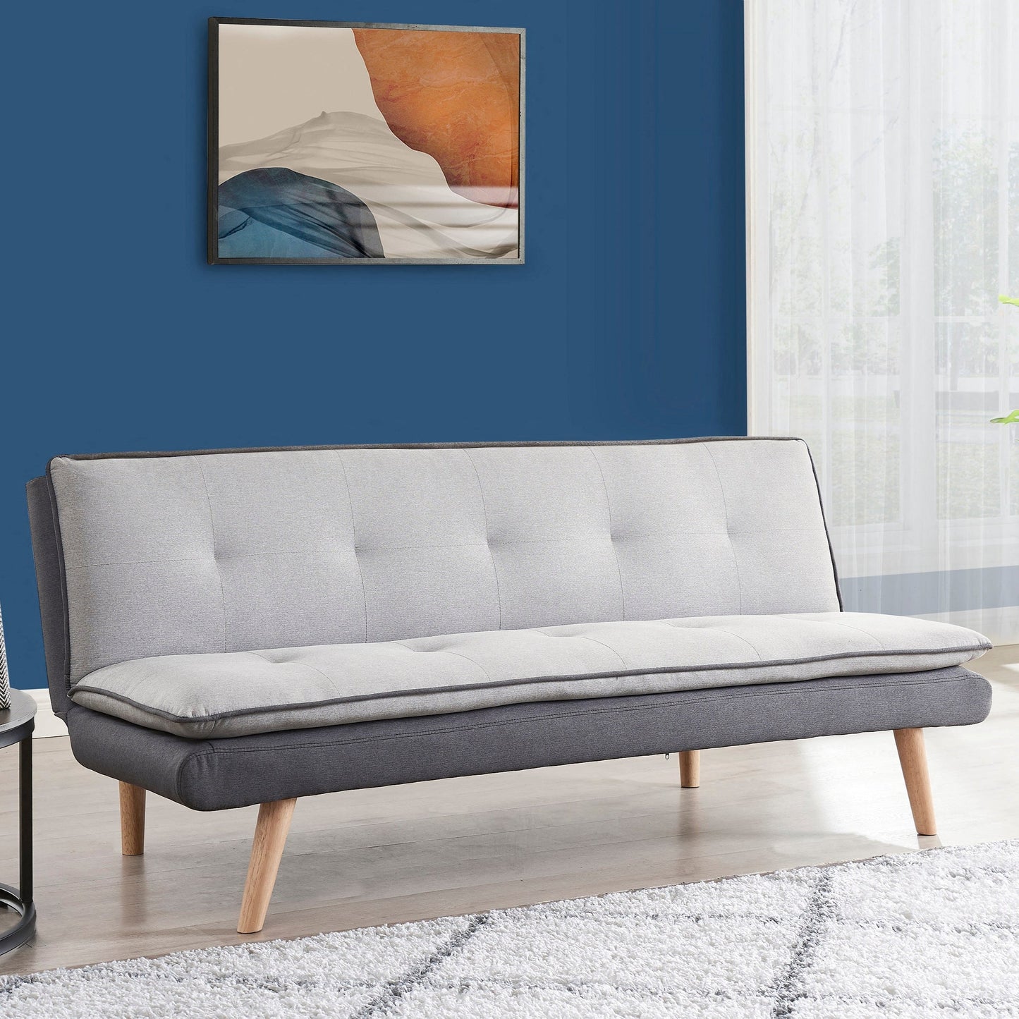 Hazel Fabric Sofa Bed Contrast Fabric Pillow Topper Wooden Legs, Grey Fabric