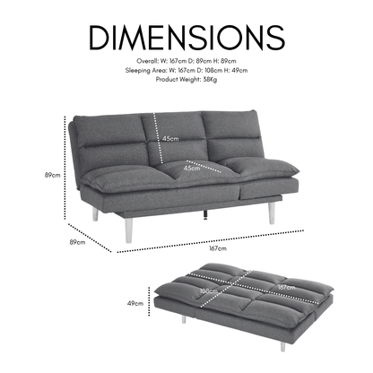Callum Fabric Sofa Bed Padded Pillow Topped Wooden Legs Chaise, Grey Fabric