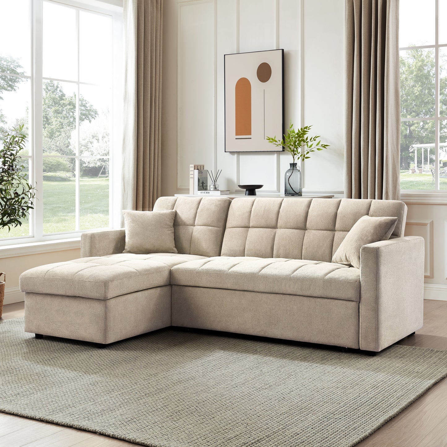 Kayla Pull-Out Sofa Bed With Reversible Storage Chaise, Beige Linen