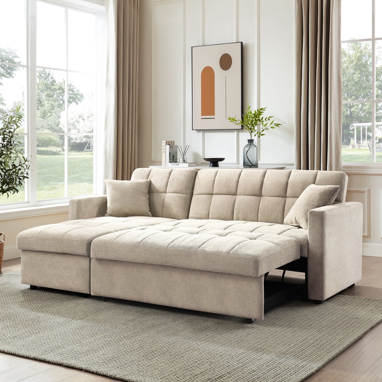 Kayla Pull-Out Sofa Bed With Reversible Storage Chaise, Beige Linen
