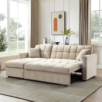 Kayla Pull-Out Sofa Bed With Reversible Storage Chaise, Beige Linen