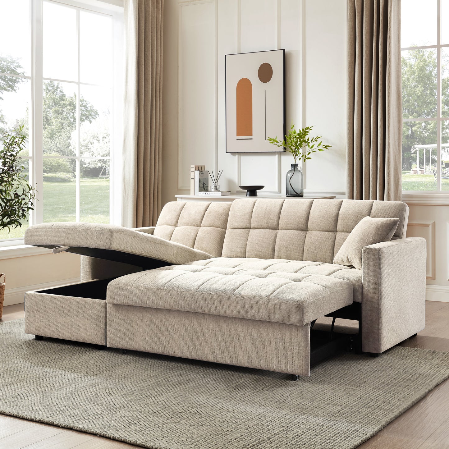 Kayla Pull-Out Sofa Bed With Reversible Storage Chaise, Beige Linen